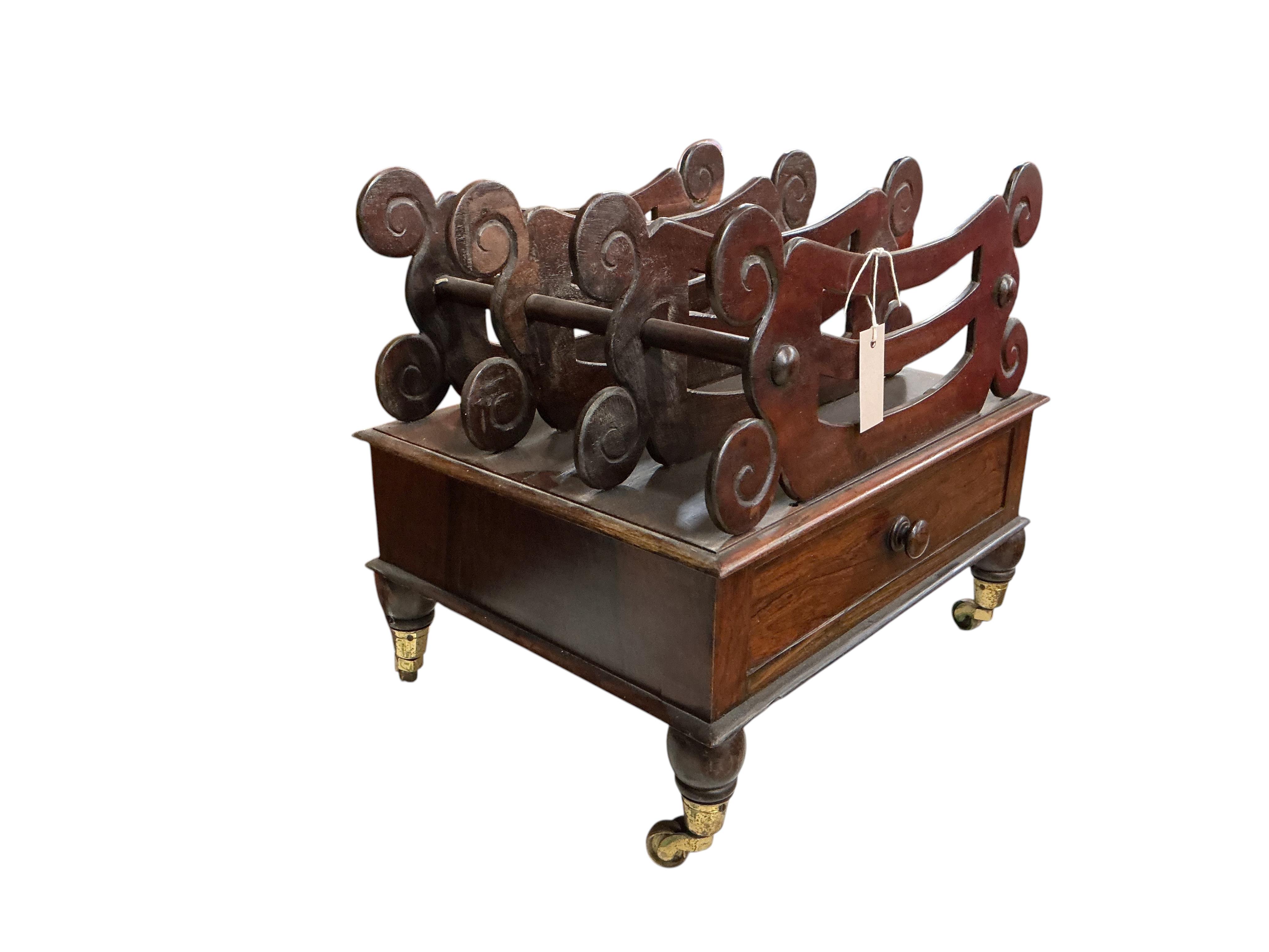A 19th century Continental rosewood three division Canterbury, width 48cm, depth 38cm, height 44cm